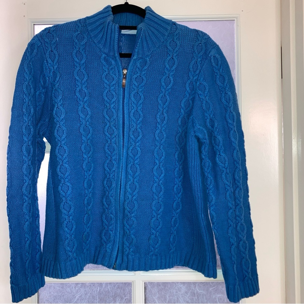 Woman’s Blue Chunky Cable knit zip up Cardigan Sweater 100% Cotton Size Large